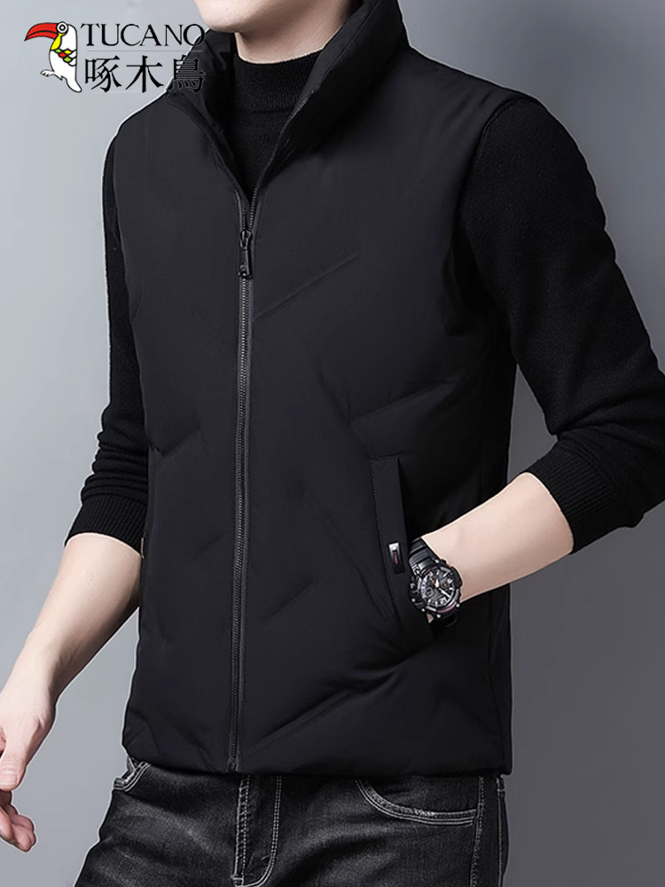딱따구리 민소매 다운 재킷 조끼 남자 가을 겨울 2024 새로운 인기 스타일 양복 조끼 겉옷 남자 다운 조끼