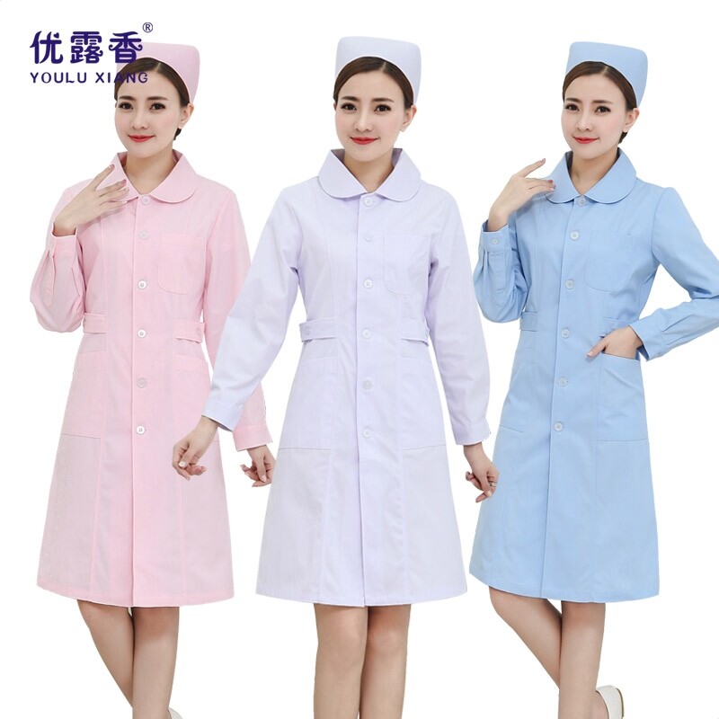 优露香护士服长袖女冬装修身白色夏季短袖圆领粉红色工作服白大褂