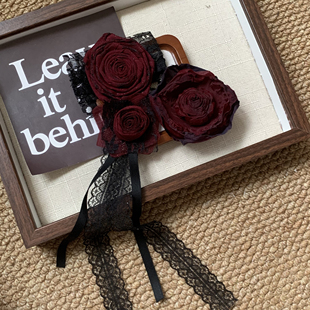 手工灼烧暗黑红色玫瑰花朵蕾丝飘带胸针DIY包花服装配饰装饰辅料