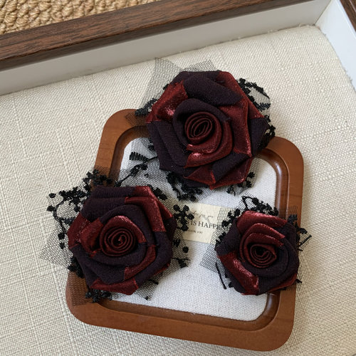 原创暗酒红玫瑰花胸针diy手工娃衣Lolita蕾丝辅料胸花朵cos饰品女