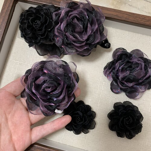 高级黑紫色山茶花配件手工花朵发饰抓夹大肠圈香蕉夹配饰diy批发