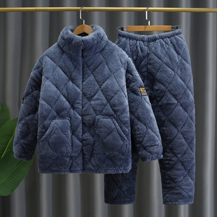 保暖套装 秋冬款 珊瑚绒三层夹棉睡衣男带拉链加绒加厚家居服男装