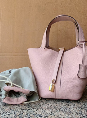 togo头层牛皮菜篮子手拎包真皮软皮子母水桶包精致轻巧纯皮包粉色