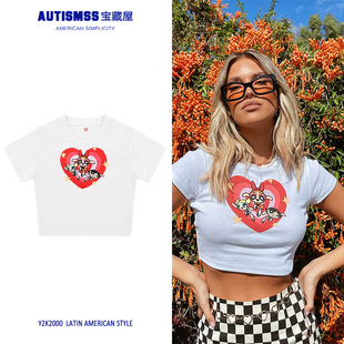 T恤 短袖 原宿风卡通动漫可爱甜酷少女辣妹露脐装 街舞爵士jazz短款