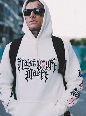 奇卡诺焚文红色五角星印花运动上衣时尚减龄连帽卫衣Hiphop嘻哈风