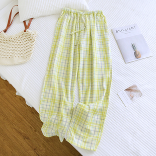 明亮黄绿格纯棉纱布睡裤女长裤春秋夏季薄款棉麻可外穿遛弯家居裤