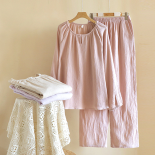 家居服全棉套装 休闲纯色双层纯棉纱布睡衣女春夏圆领套头长袖 长裤