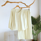 家居服睡裤 慵懒风纯棉纱布睡衣女春夏季 长裤 纯色V领长袖 全棉薄款