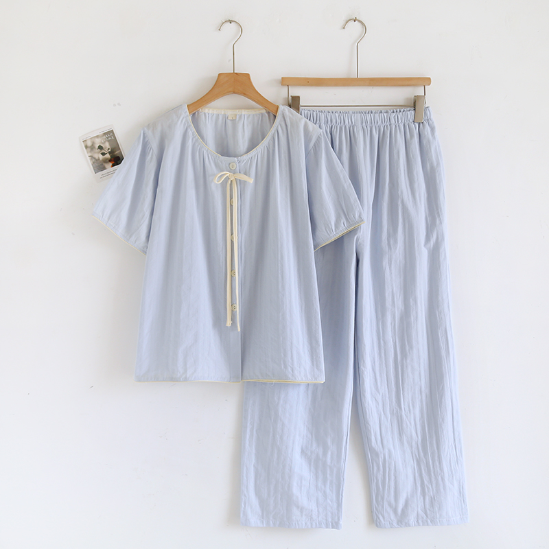 清新夏日睡衣女款短袖薄款纯棉纱布日系家居服套装棉麻夏季可外穿
