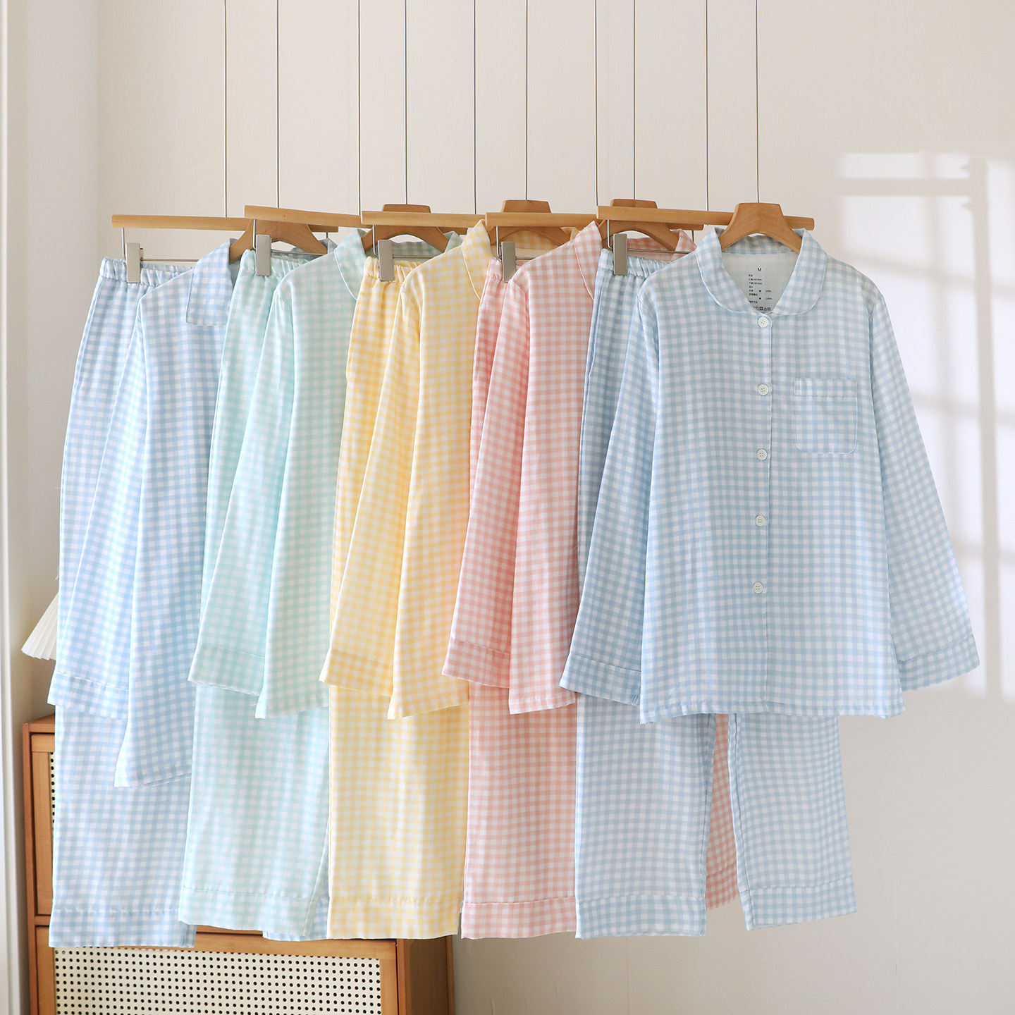 无印风格子情侣睡衣男女春秋夏季水洗纯棉纱布长袖全棉家居服套装,女士内衣/男士内衣/家居服,睡衣/家居服套装,淘宝优惠券,粉丝福利购,淘宝优惠卷