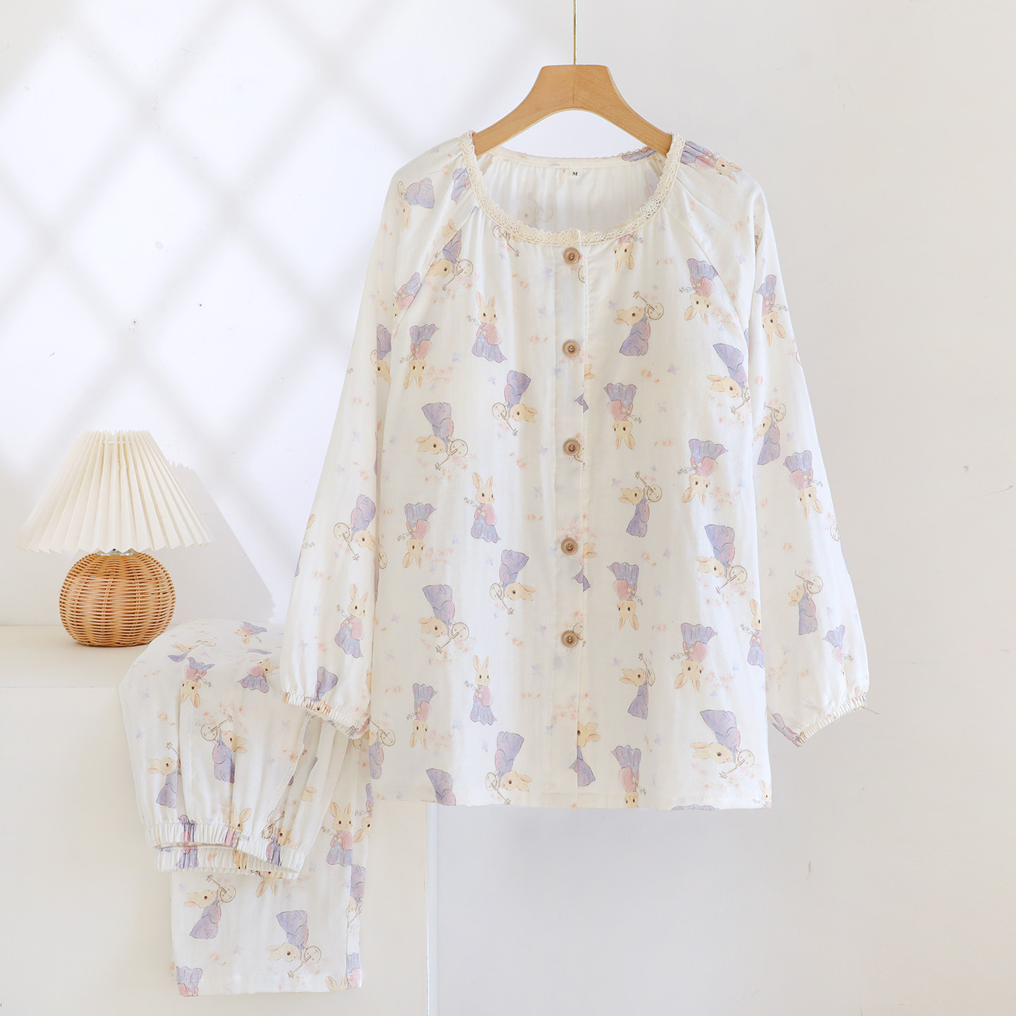 带胸垫纯棉纱布睡衣女春秋季薄款卡通小兔圆领长袖家居服全棉套装,女士内衣/男士内衣/家居服,睡衣/家居服套装,淘宝优惠券,粉丝福利购,淘宝优惠卷