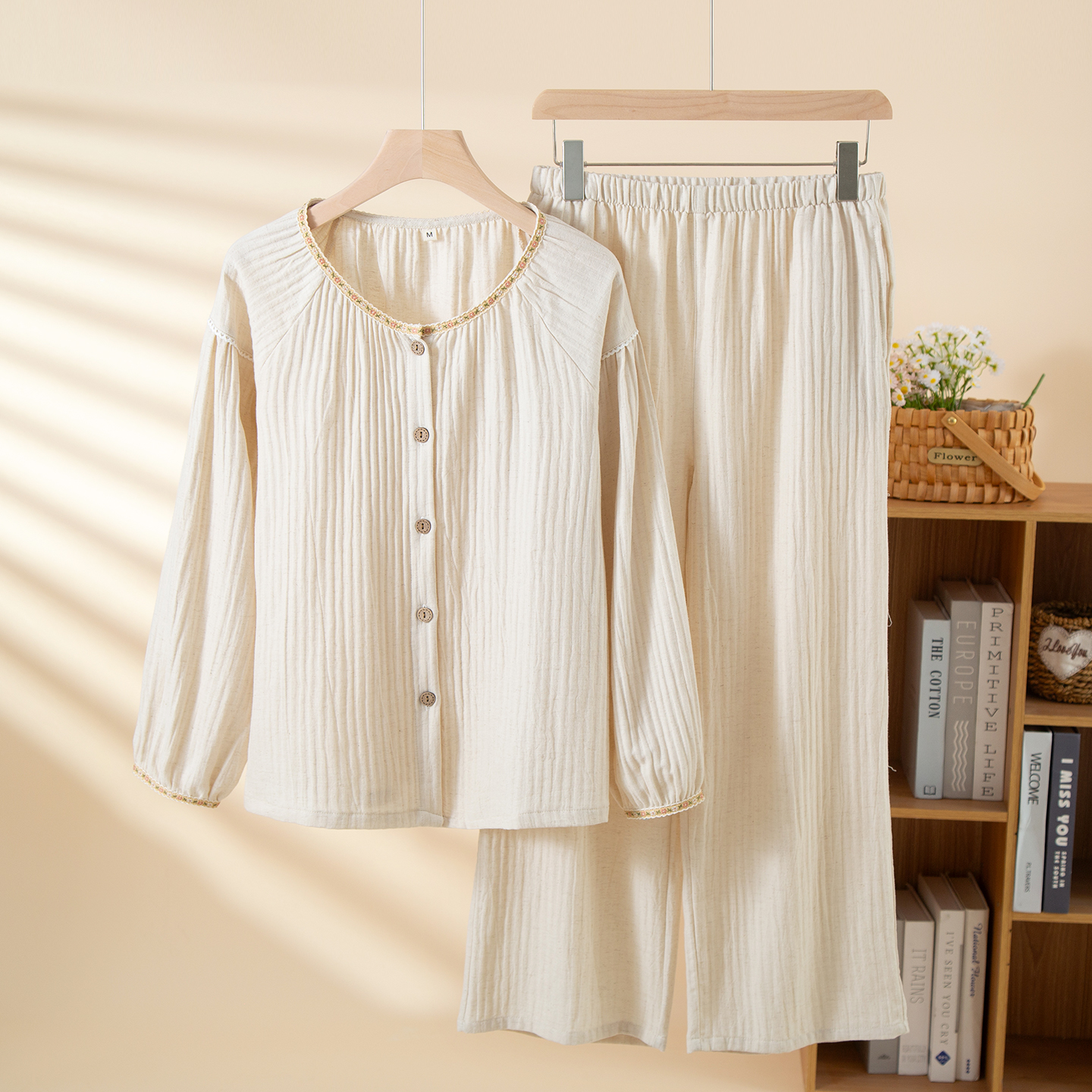 棉麻女士长袖家居服套装