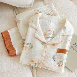 妈妈中年可外穿 家居服套装 春夏秋季 睡衣女纯棉布料双层纱布长袖