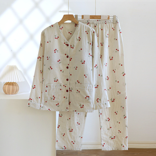 带胸垫纯棉纱布睡衣女甜美樱桃春秋V领长袖 夏季 薄款 家居服 套装