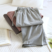 可外穿宽松家居裤 复古格子睡裤 全棉直筒长裤 薄款 女水洗纯棉春夏季