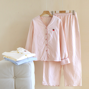 套装 薄款 家居服夏季 甜美草莓纯棉睡衣女春秋双层全棉纱布V领长袖