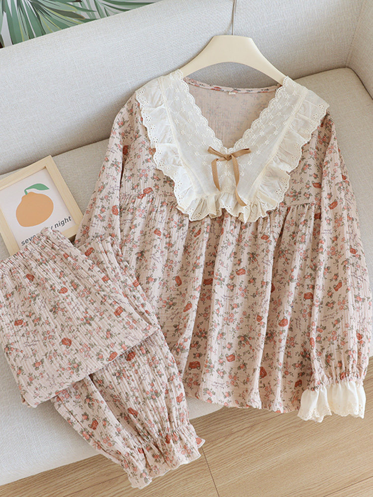 여성을위한 레이스 공주 스타일 잠옷 봄 가을 순수 코튼 긴팔 가디건 한국 스타일 꽃 홈웨어 세트 순수 코튼 여름