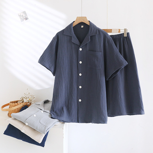 短裤 纯棉纱布短袖 家居服套装 薄款 中年爸爸 夏季 宽松大码 睡衣男士