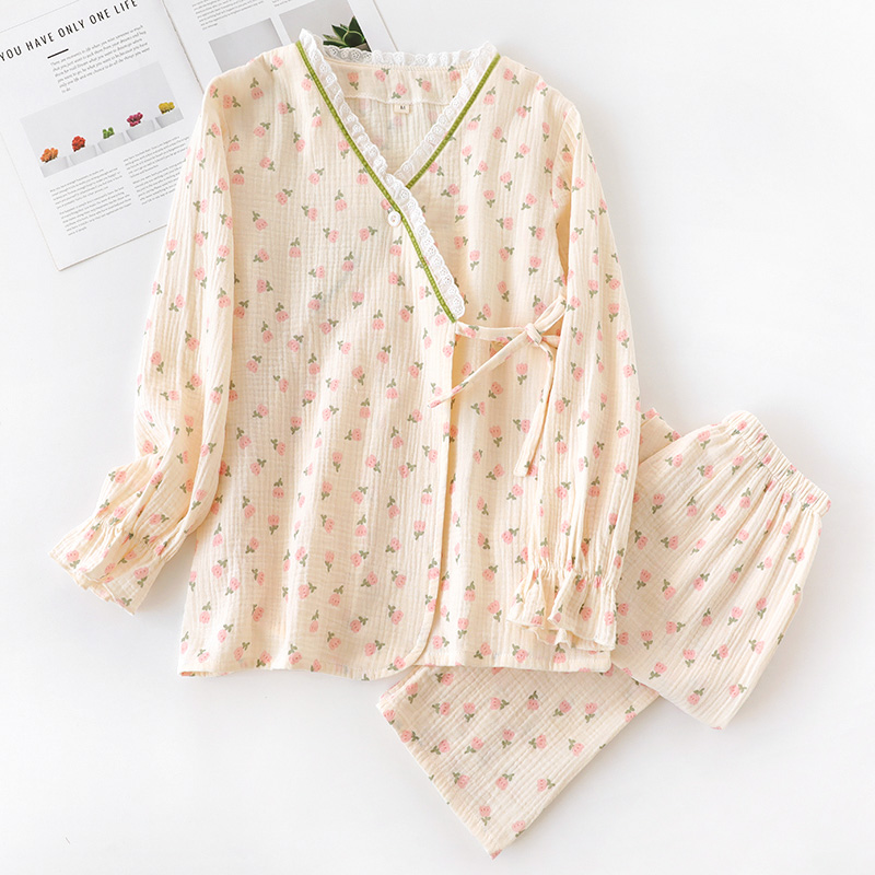 女士纯棉纱布和服式家居服套装