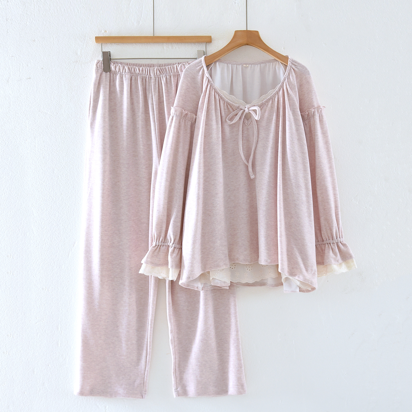 蕾丝睡衣女春秋系带圆领长袖薄款甜美针织花边家居服套装2025新款