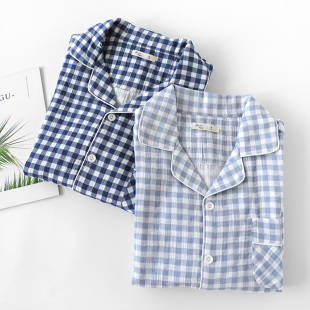 可外穿家居服套装 大码 日系简约 格子长袖 睡衣男春秋纯棉纱布薄款