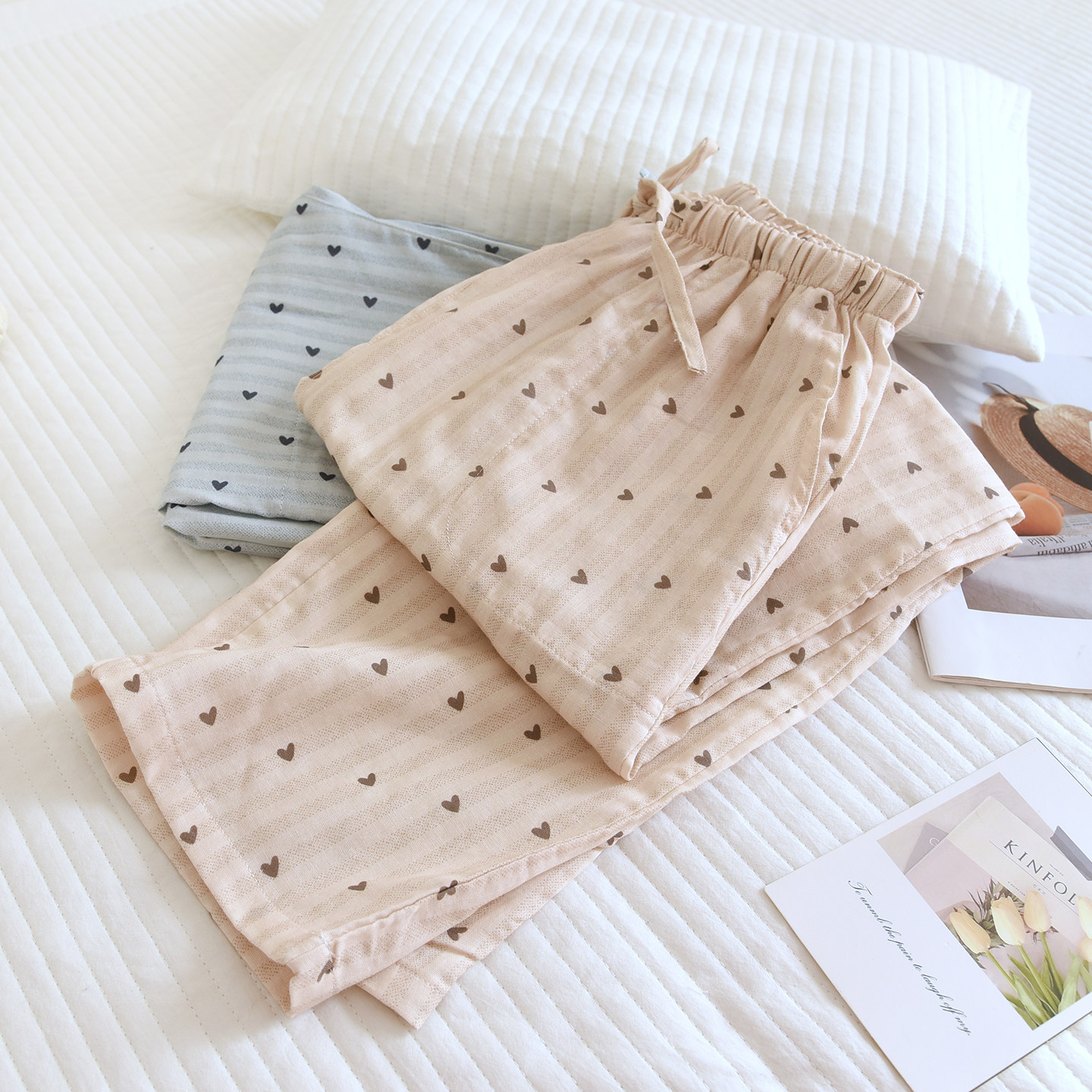 小爱心纯棉睡裤女长裤春秋季薄款双层全棉纱布宽松直筒夏季家居裤,女士内衣/男士内衣/家居服,睡裤/家居裤,淘宝优惠券,粉丝福利购,淘宝优惠卷