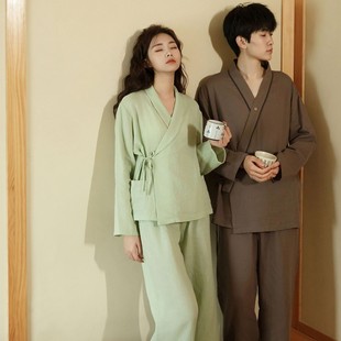 宽松男女士家居服套装 情侣睡衣春秋夏季 和服开衫 纯棉纱布长袖 薄款