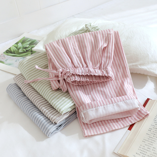 家居裤 简约竖条纯棉睡裤 夏季 直筒宽松休闲长裤 女春秋全棉纱布薄款