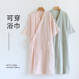 双层纯棉纱布浴袍女士浴衣日式宽松吸水纯色全棉睡衣家居服汗蒸服