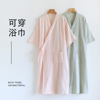 双层纯棉纱布浴袍女士浴衣日式宽松吸水纯色全棉睡衣家居服汗蒸服