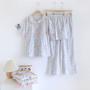 纯棉纱布薄款 家居服套装 短袖 长裤 全棉 短裤 带胸垫三件套睡衣女夏季