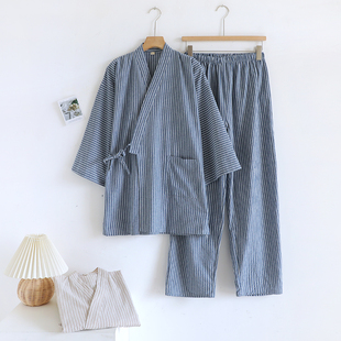 薄款 纯棉条纹宽松大码 汗蒸家居服套装 长袖 日式 长裤 和服睡衣男士