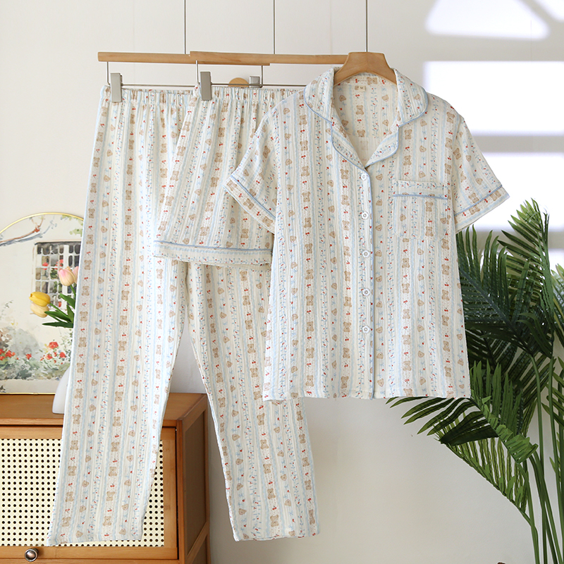纯棉纱布三件套女士短袖睡衣