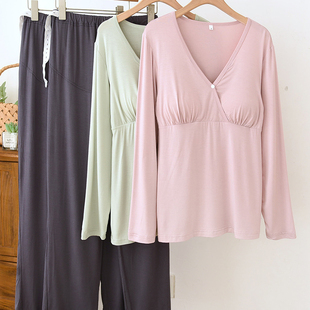 带胸垫凉感莫代尔月子服春秋夏薄款 产前产后孕妇睡衣哺乳喂奶套装