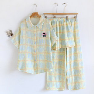 三件套刺绣小企鹅睡衣女春秋夏季纯棉纱布短袖短裤长裤家居服套装