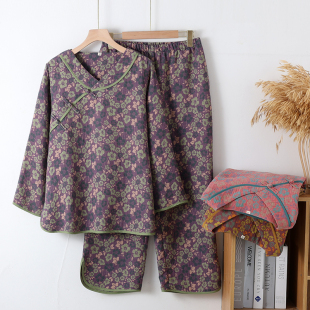 家居服套装 盘扣国风睡衣女士纯棉纱布春秋季 中式 长裤 中年妈妈 长袖