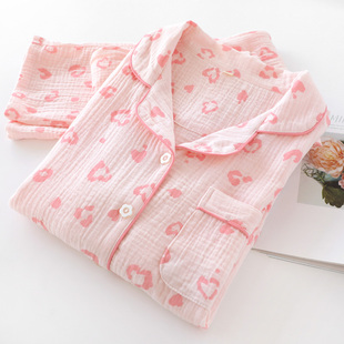 春秋可外穿家居服套装 翻领长袖 薄款 爱心睡衣女双层纯棉纱布夏季