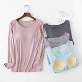 带胸垫上衣女秋衣莫代尔免文胸罩杯一体睡衣长袖 免文胸 t恤打底衫
