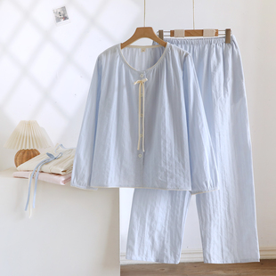 文艺清新纯色睡衣女士长袖纯棉纱布春秋夏季薄款宽松家居服套装