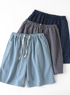 夏季纯棉睡裤夏季短裤沙滩裤男宽松休闲五分大码居家格子大裤衩薄