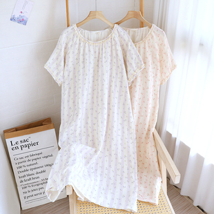 甜美印花双层纯棉纱布睡裙女夏天全棉泡泡纱短袖睡衣夏季家居服