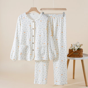纯棉纱布睡衣女款春秋夏款长袖家居服套装卡通碎花泡泡棉纱家居服