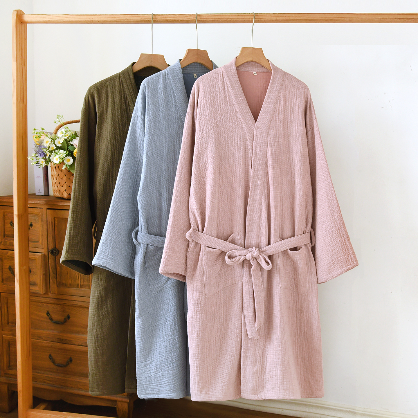 四层纯棉纱布和服情侣长袖睡袍