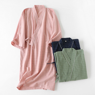 浴袍纯棉短袖 和服式 薄款 睡袍女士简约格子睡裙夏季 晨袍家居服睡衣