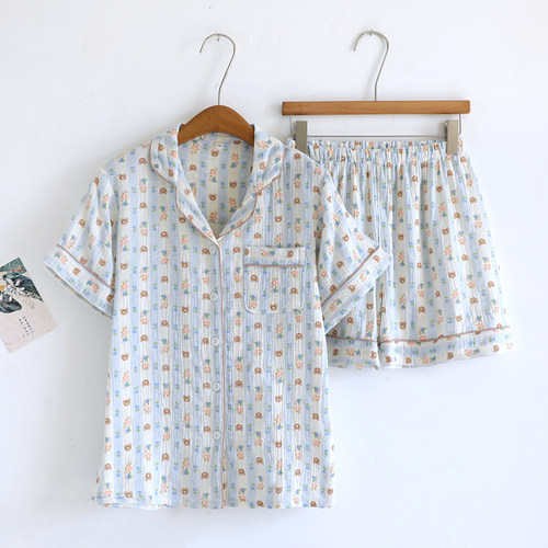 甜美卡通条纹小熊纯棉纱布家居服