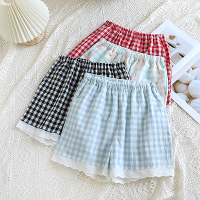 蕾丝花边格子全棉纱布女睡裤