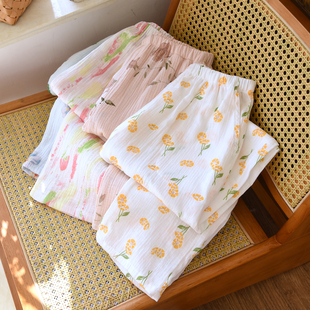 宽松直筒家居裤 双层纯棉纱布春秋夏季 可外穿 女长裤 甜美印花睡裤