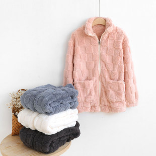 拉链立领法兰绒睡衣女款上衣单件加厚加绒可外穿珊瑚绒冬季家居服