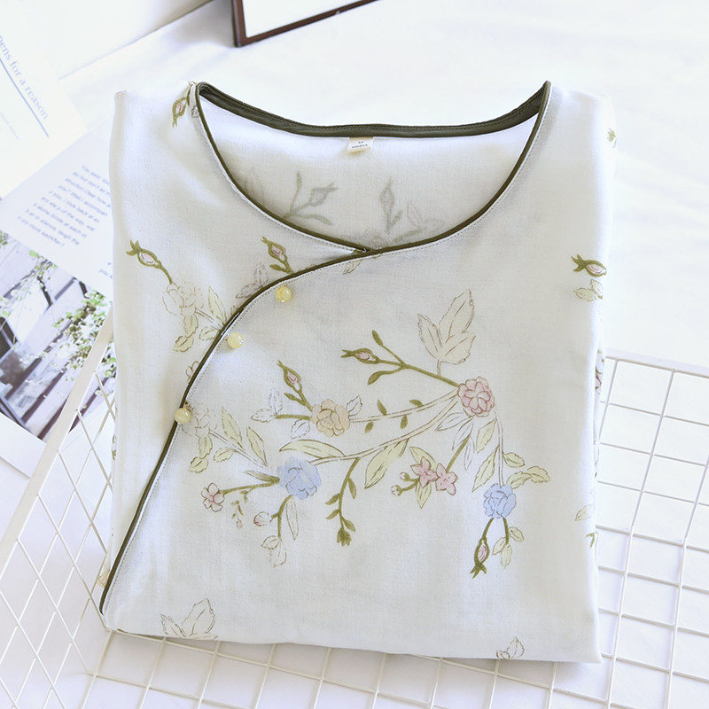国风竹纤维中式短袖睡裙圆领家居服夏季薄款睡衣裙子汉服旗袍