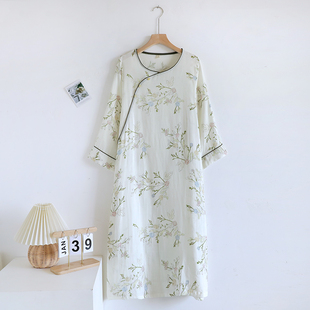 优雅中式复古旗袍睡裙女夏季竹纤维汉服中国风睡衣女春秋款长袖